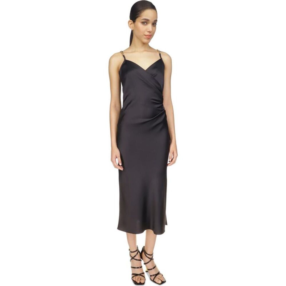 Michael Kors Womens Solid Chain Surplice Slip Midi Dress, NWT